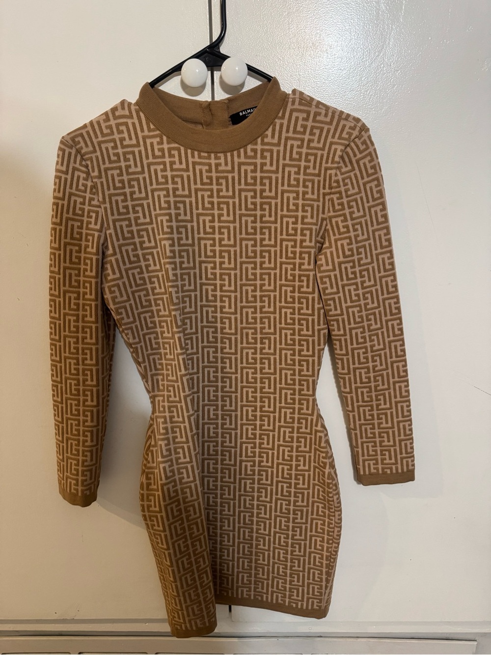 Balmain Tan & Beige Geo Jacquard Long Sleeve Knit Dress